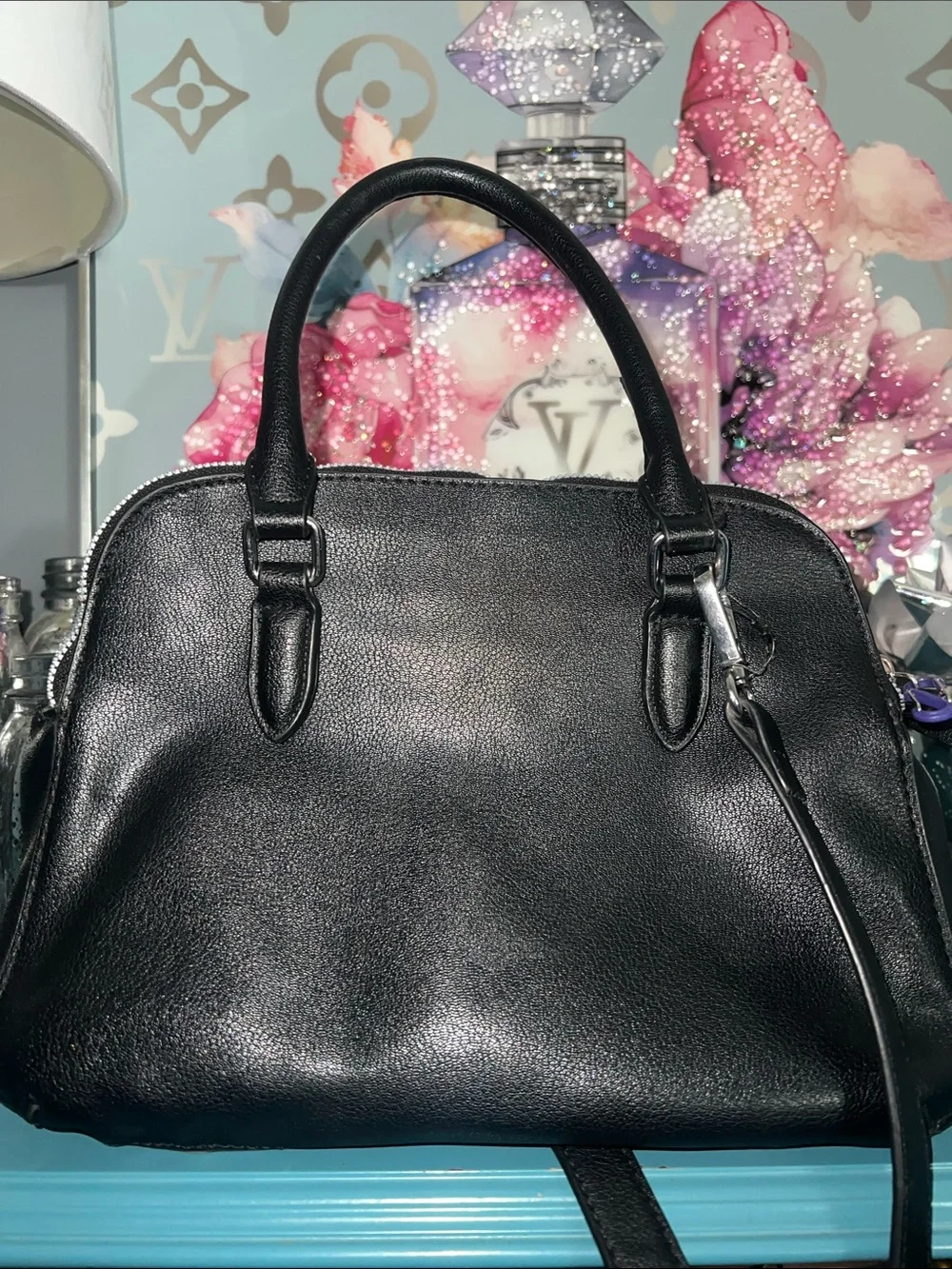 Nine West Black Leather Double-Zip Satchel with Silver Hardware